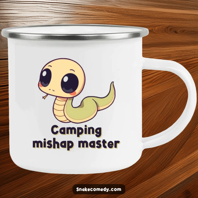 Funny snake with big, round eyes tripping over its tail, printed on a sturdy camping mug, ideal for outdoor sipping and humor.