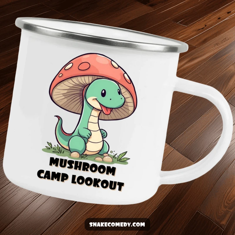 Funny Snake Mushroom Camping Mug: A sneaky snake humorously peeks from behind a large mushroom, ready for outdoor adventures.