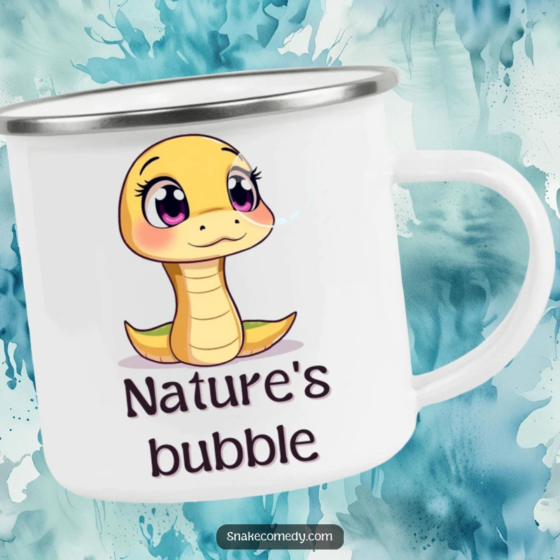 Funny camping mug with a snake character showing wide, amazed eyes at a floating, shimmering bubble, perfect for outdoor wonder.