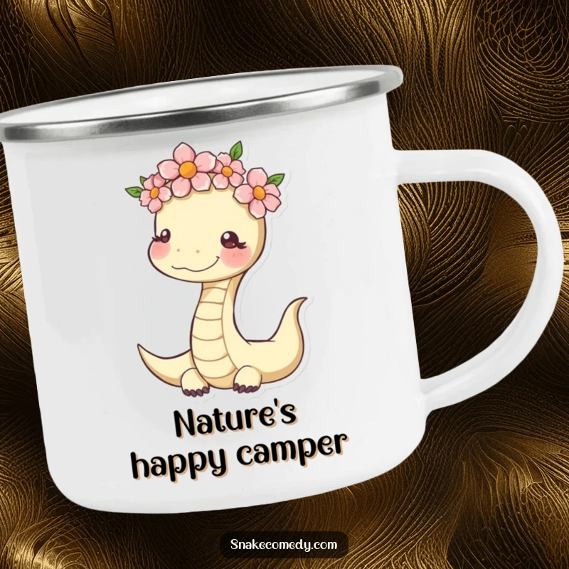 Funny Serene Snake Camping Mug: serpent with a flower crown, perfect for outdoor peace and gifts.