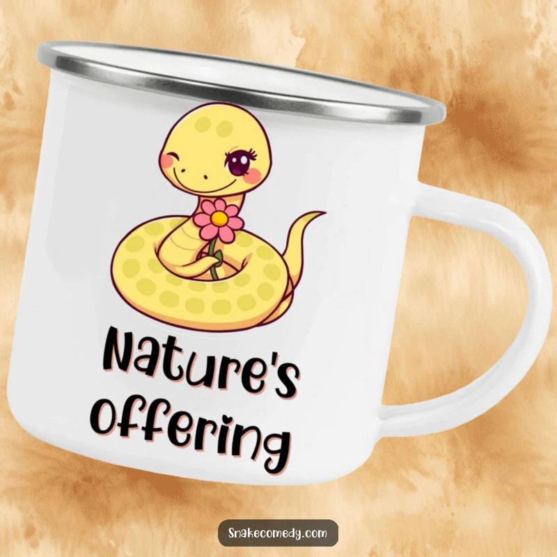 Funny coiled snake winks while offering a flower on a camping mug, ideal for humorous outdoor enthusiasts.