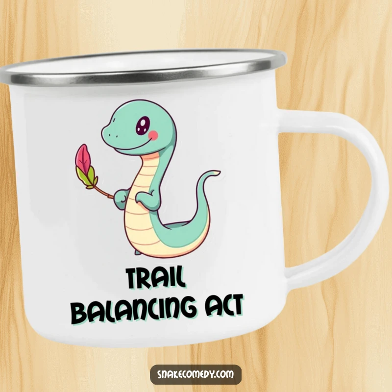 Funny slithering camping mug, happy character swaying while balancing a colorful feather, for outdoor fun, a funny gift.