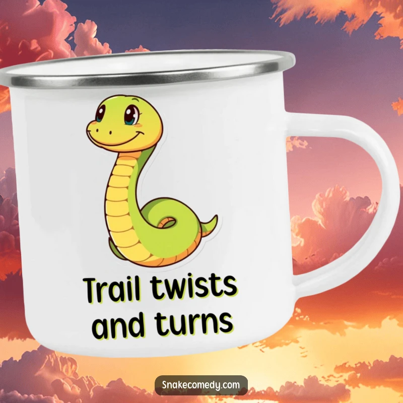 Funny snake with a big grin, playfully coiling, printed on a sturdy camping mug, ideal for outdoor sipping and adding humor.