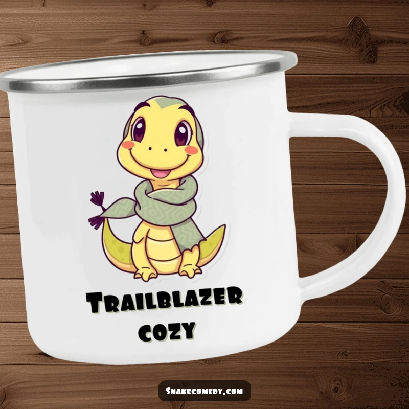 Funny camping mug showcasing a delighted snake character wearing a comically large scarf and a friendly, winking expression.