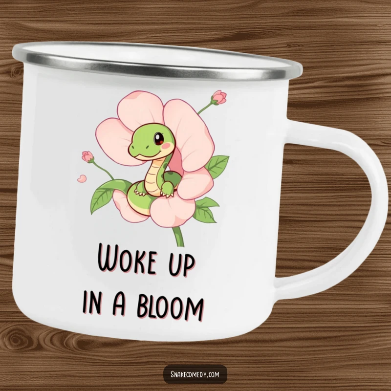 Funny camping mug with an adorable snake playfully peeking from a vibrant flower, designed for outdoor fun and laughter.