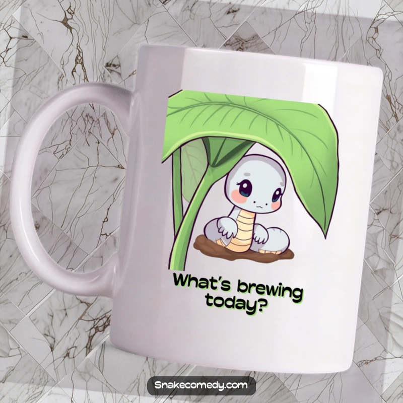 Funny Curious Snake Mug: serpent peeking from behind a green leaf with an inquisitive expression, great gift.