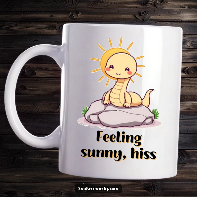 Funny snake mug with a contented smile basking on a rock, embodying peaceful relaxation and reptile charm.