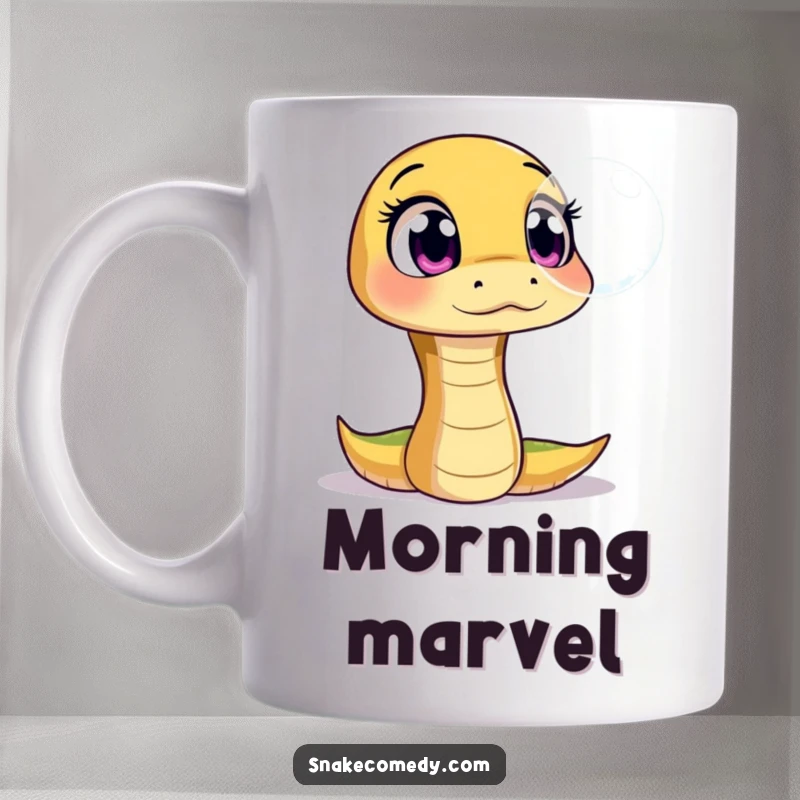 Funny mug with a snake character exhibiting wide, amazed eyes while observing a floating, shimmering bubble with fascination.