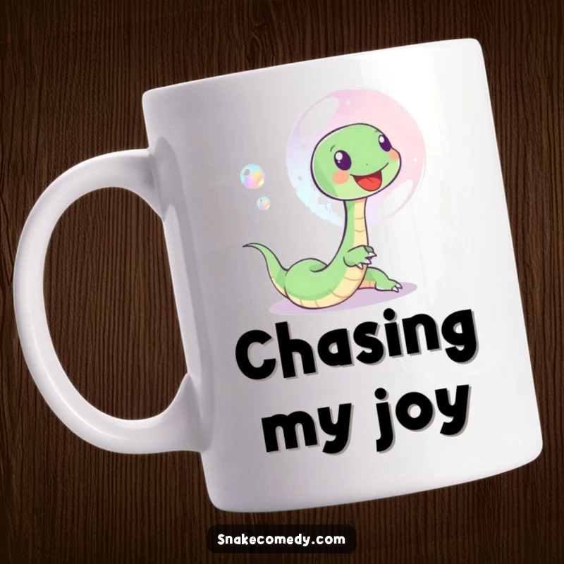 Funny mug showcasing a small, happy snake playfully chasing a shimmering, iridescent soap bubble, embodying innocent joy and wonder.