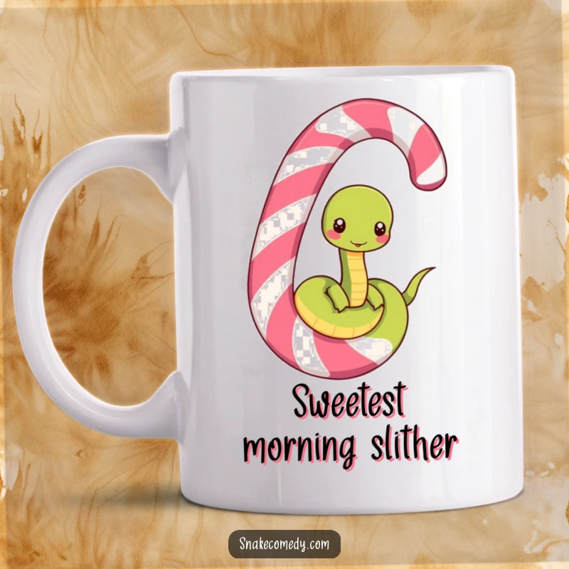 Funny mug with a happy snake character joyfully unwinding from a giant, colorful striped candy cane, embodying festive delight.