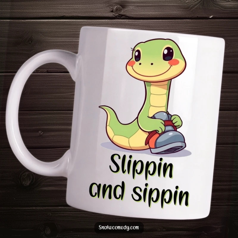 Funny mug featuring a snake with a wide, happy smile playfully putting its foot into a shoe, a charmingly quirky scene.