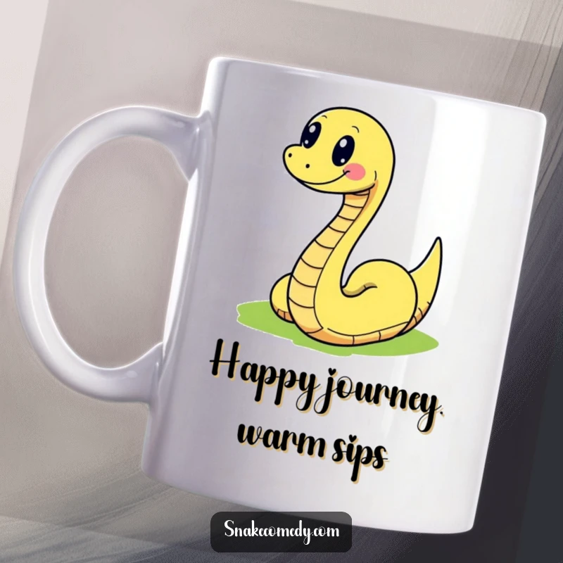 Funny snake character joyfully slithering along a curved, colorful path, depicted on a cheerful and humorous mug.