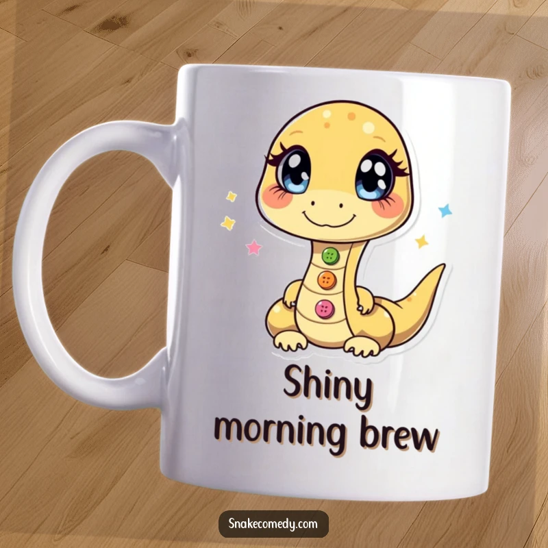 Funny mug showing a snake with sparkling eyes, skillfully juggling three shiny buttons with a mischievous glint.