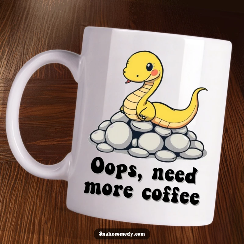 Funny snake mug showing a cartoon snake comically slipping on smooth round stones, capturing a moment of hilarious chaos.