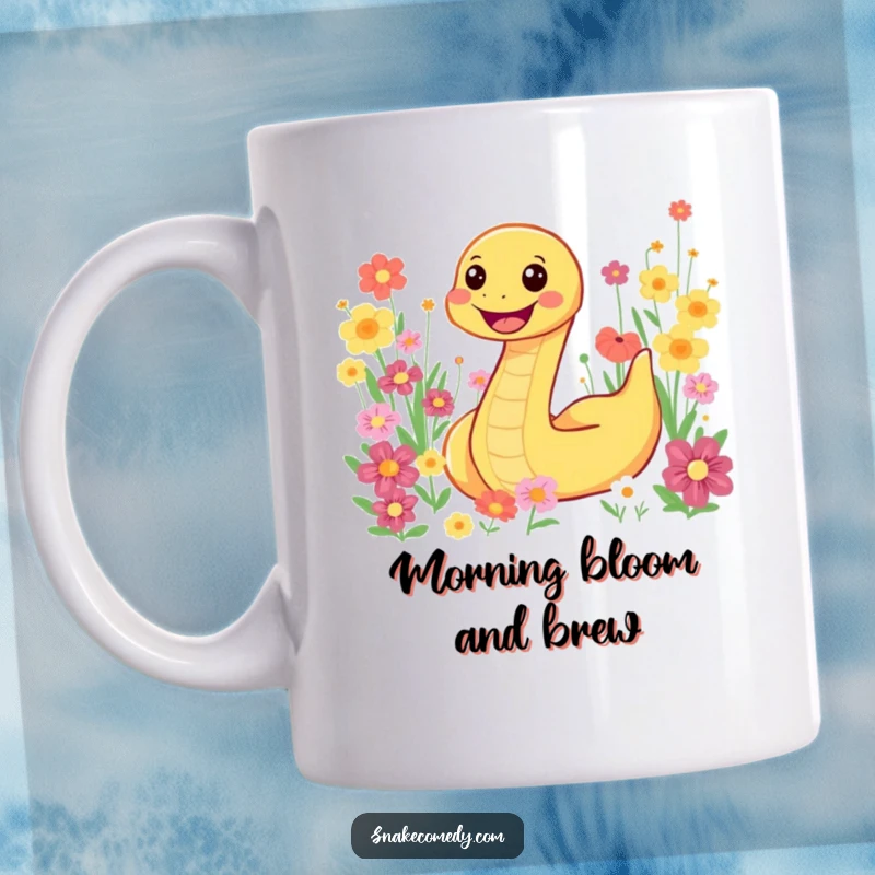 Funny snake character joyfully slithering through a colorful flower field with a wide smile, a delightful mug for nature lovers.