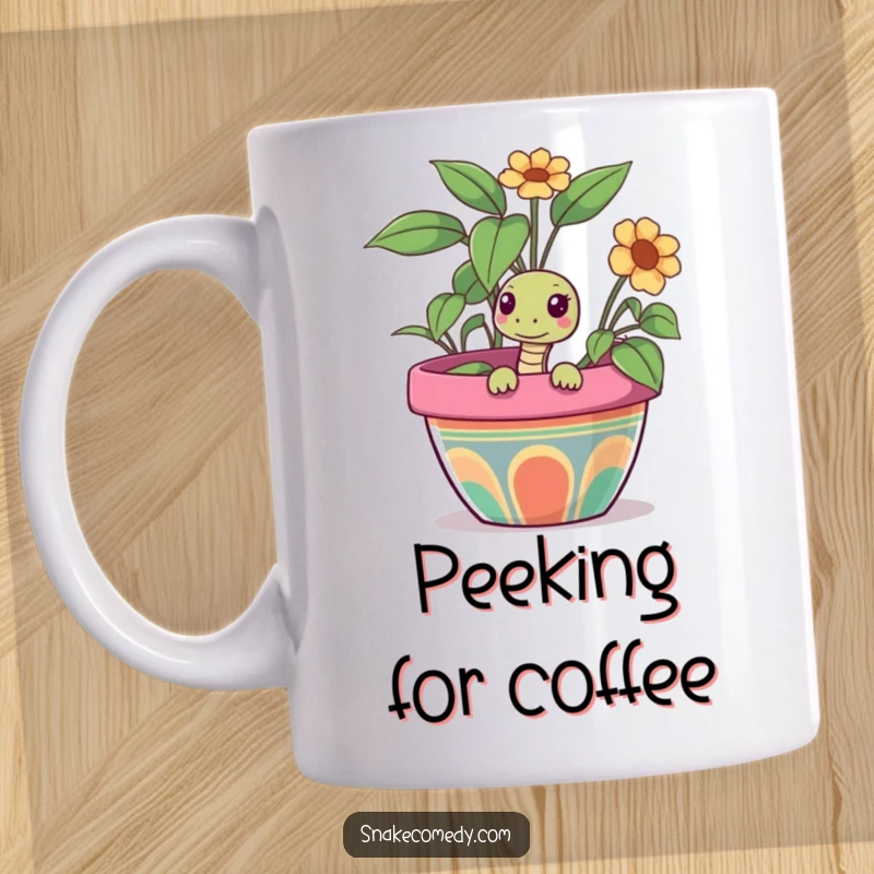 Funny snake mug featuring a curious snake peeking out from a colorful flower pot, adding a playful and intriguing element.