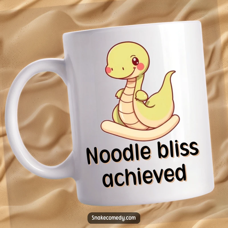 Funny snake mug, a happy cartoon snake cheerfully wiggling through a giant, soft noodle, food-themed and humorous illustration.