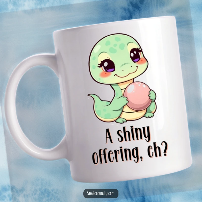 Funny mug showcasing a mischievous snake character winking and offering a shiny pebble, expressing its unique brand of charm.