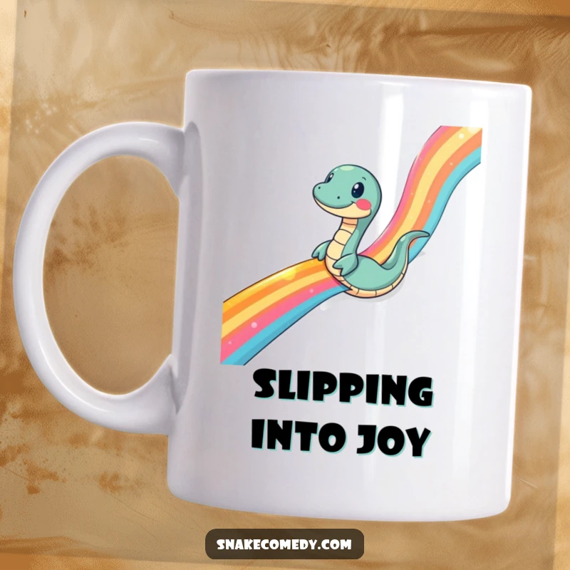 Funny snake mug, a cartoon snake comically sliding down a shimmering, rainbow-colored ribbon, vibrant and humorous illustration.