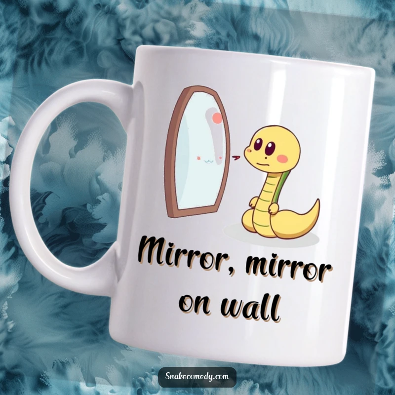 Funny snake with a delighted sigh chases its own reflection, cartoon character, amusing and self-aware illustration, perfect funny gift.