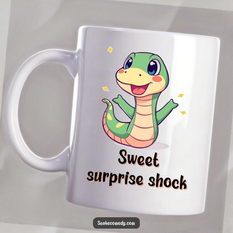 Funny mug depicting a surprised snake recoiling dramatically from a brightly colored, popping sweet, showcasing shock and humor.