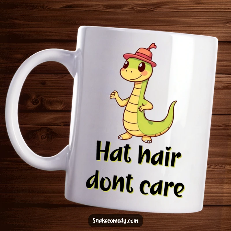 Funny snake with tiny hat doing a wiggle dance on a mug, adding a hilarious touch to your beverage.