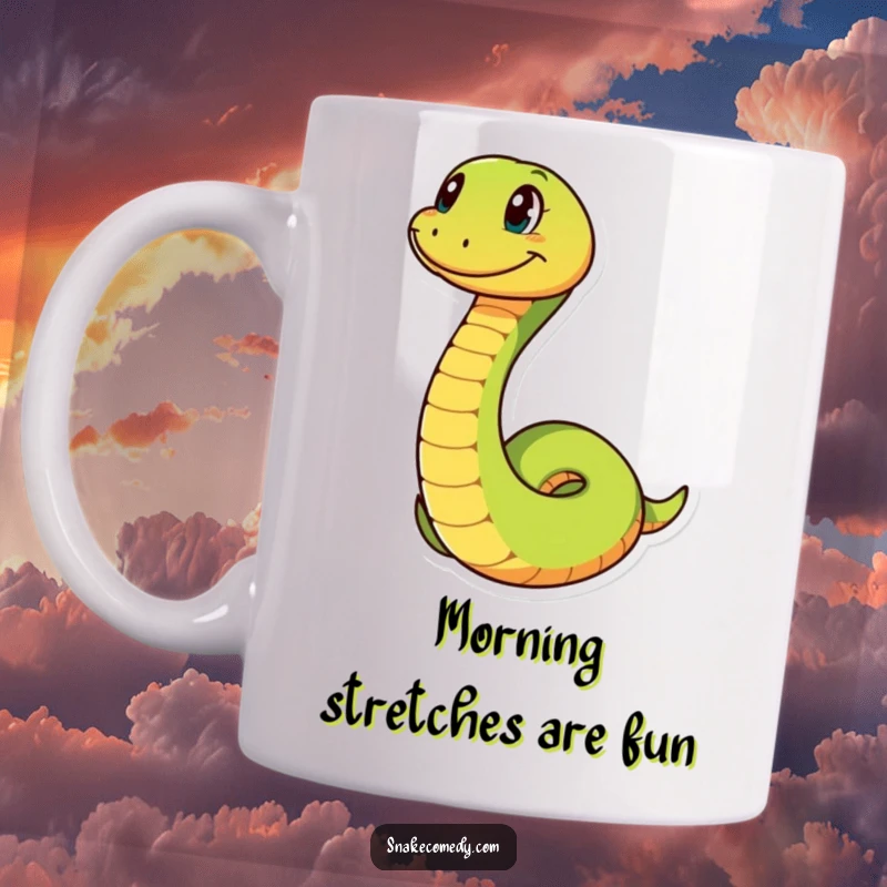 Funny snake character with a wide grin, playfully coiling and uncoiling, depicted on a humorous and cheerful mug.