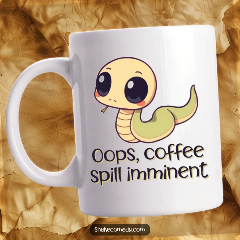 Funny snake with large, round eyes, humorously tripping over its own tail, depicted on a mug for comic relief.