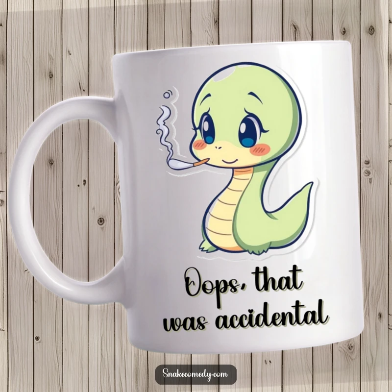 Funny Snake Mug featuring a surprised serpent exhaling a tiny smoke puff, perfect for a humorous gift.