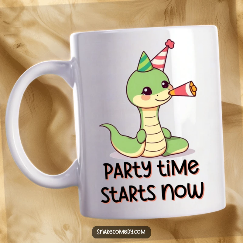 Funny snake wearing a party hat, blowing a cheerful party horn on a mug, perfect for birthday celebrations and lighthearted gift-giving.