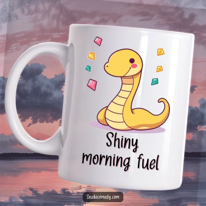 Funny mug with a playfully wiggling snake character grinning while juggling three tiny, sparkling gems with impressive skill.