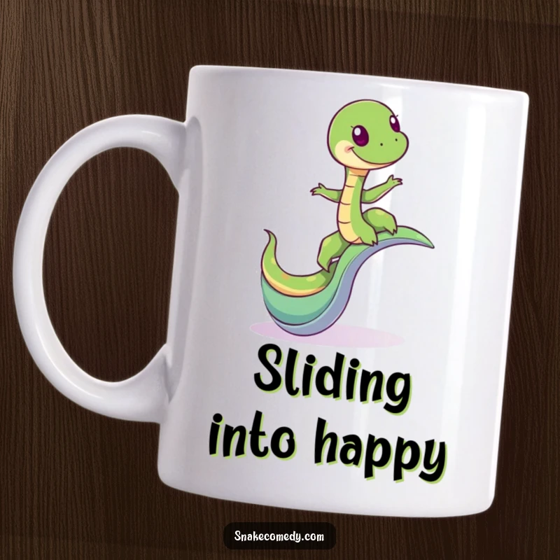 Funny mug showcasing a giddy snake character comically balancing on a twisting, whimsical slide, full of glee and motion.