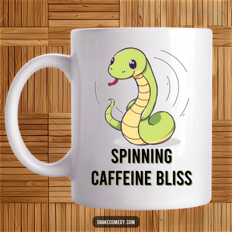 Funny snake mug featuring a snake in a dizzying spin, playfully chasing its own tail with energetic and humorous intent.