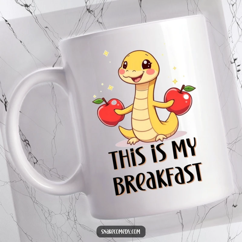 Funny snake with a gleeful wiggle juggles three sparkly apples, cartoon character, skillful and happy illustration, perfect funny gift.