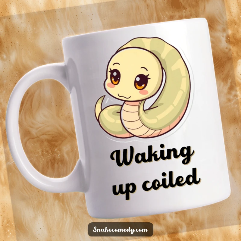 Funny snake mug, curious snake with circular eyes peeking from a coil, conveying playful intrigue, a funny gift.