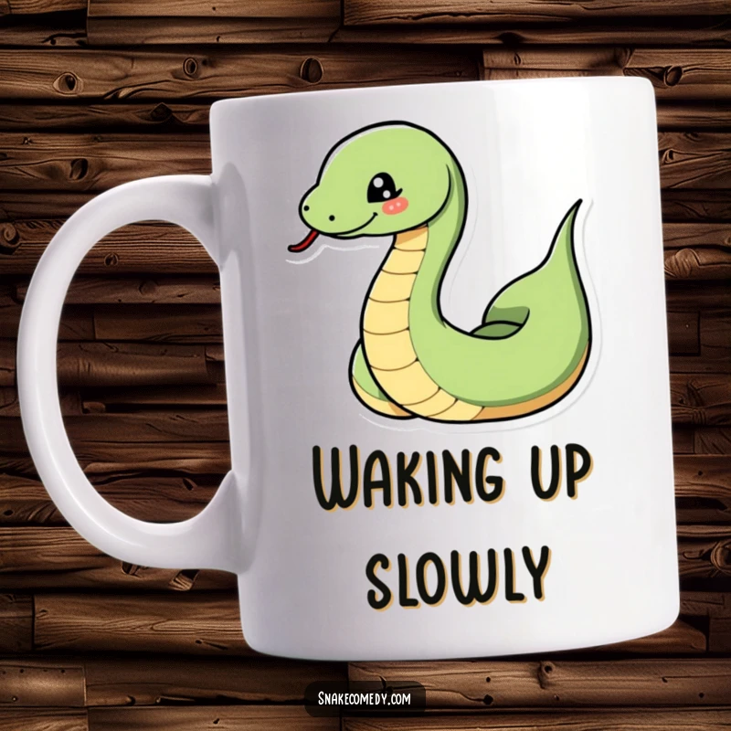 Funny snake mug featuring a snake dramatically coiling and uncoiling with a playful wink, conveying mischievous charm.