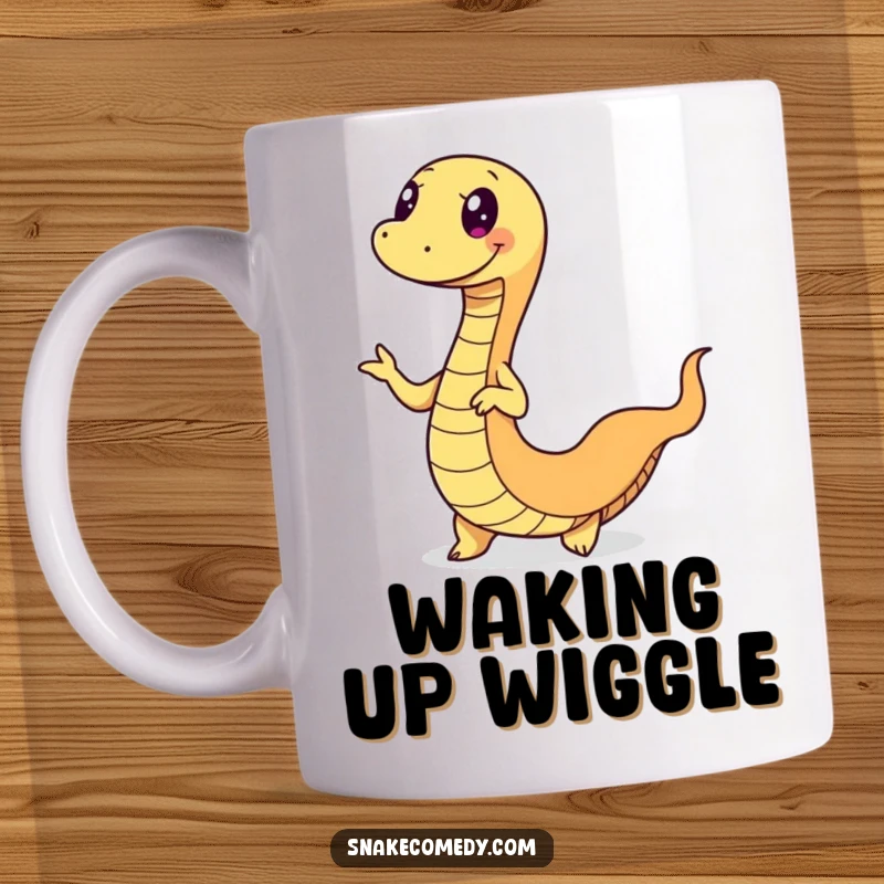 Funny snake mug featuring a happy serpent doing a fun wiggle dance, its body in full, joyous motion.