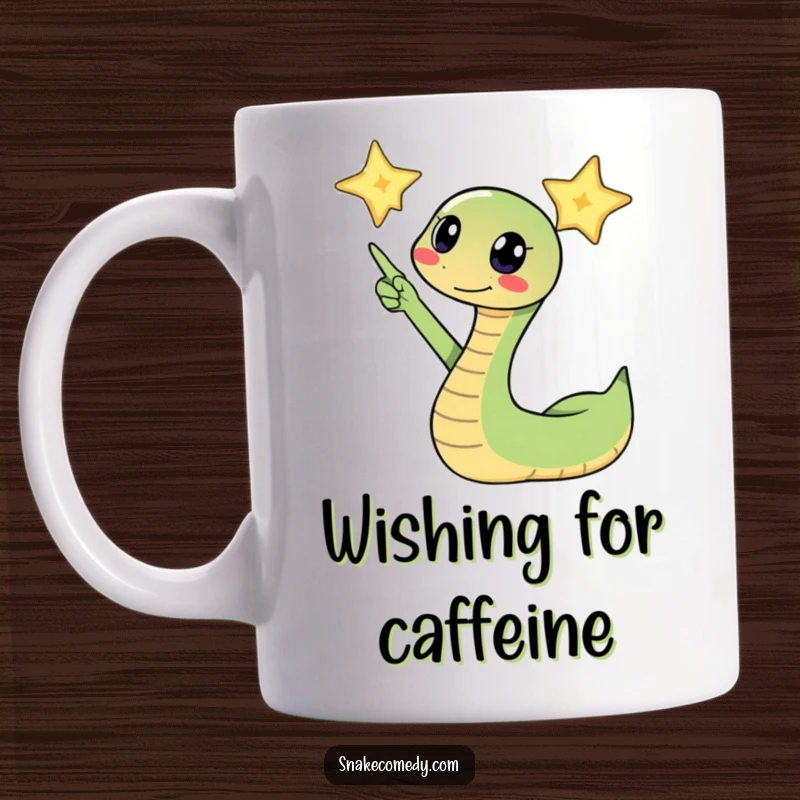 Funny snake excitedly pointing its head towards a twinkling star on a mug, symbolizing aspiration and wonder.