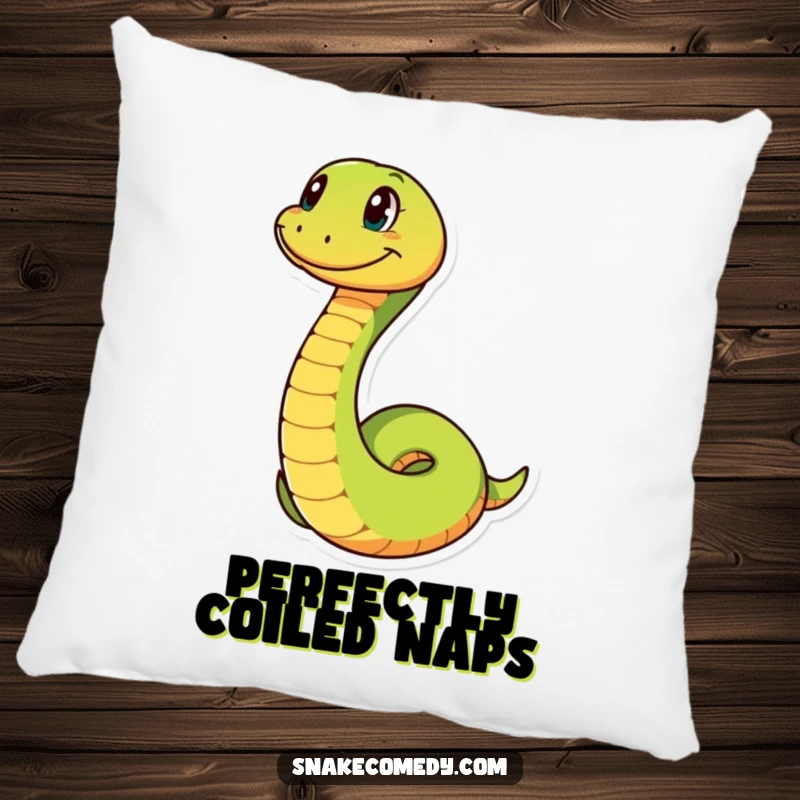 Funny snake character with a wide grin, depicted in a playful coiling motion, on a soft and humorous pillow.
