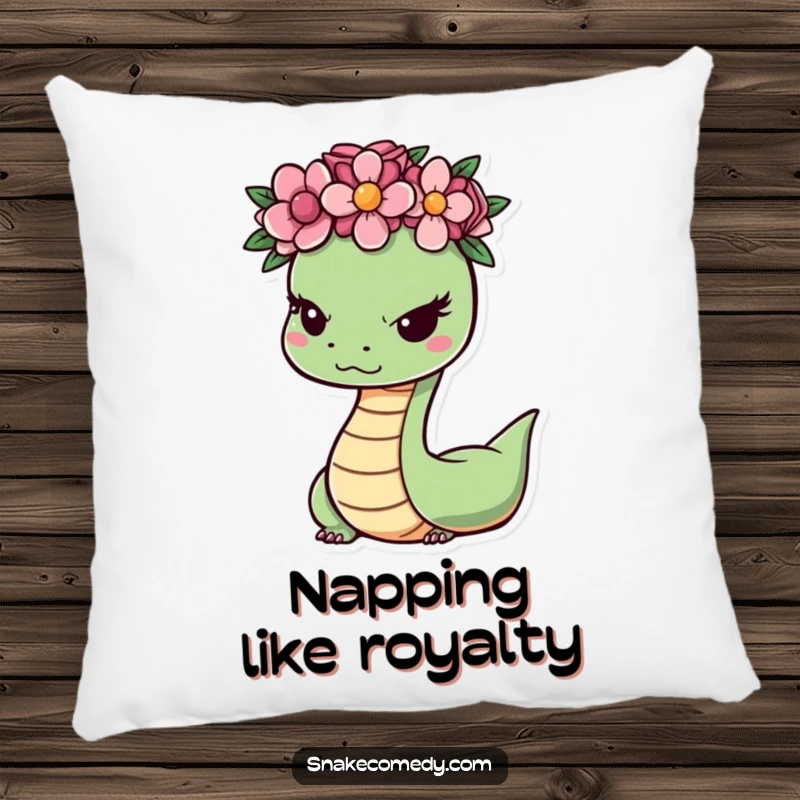 Funny snake character wearing a flower crown and giving a charming wink, making this plush pillow a comfortable and humorous decorative item.