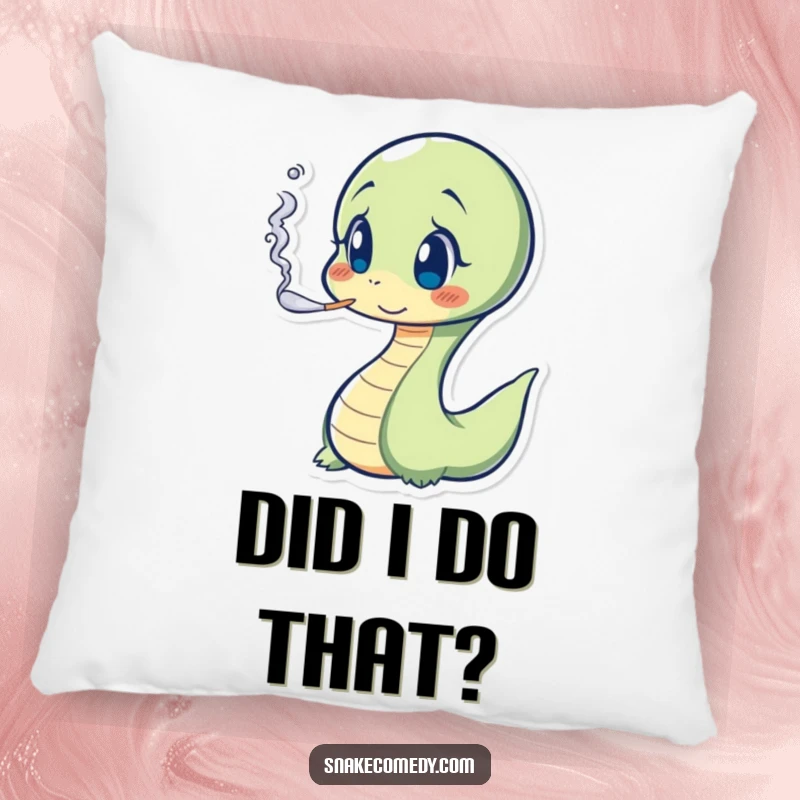 Funny Snake Pillow design featuring a surprised serpent blowing a tiny smoke cloud, a humorous decorative accent.