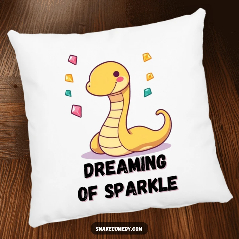 Funny pillow showcasing a playful, grinning snake character juggling three tiny, sparkling gems, perfect for cozy fun.