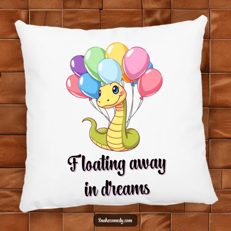 Funny Snake Pillow: A happy snake playfully tangled in a bunch of colorful balloons, perfect for adding whimsical comfort.