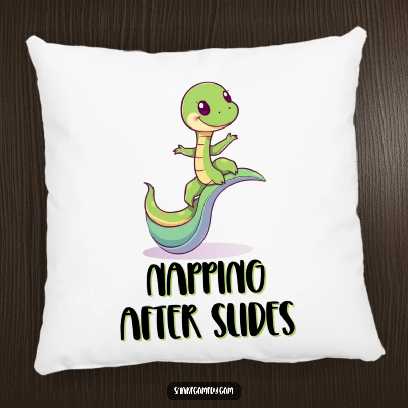 Funny pillow featuring a giddy snake character balancing on a whimsical winding slide, providing comfort with a humorous adventure design.