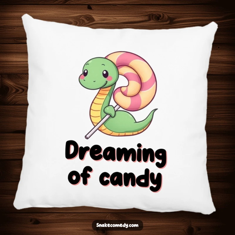 Funny pillow featuring a happy snake coiled around a gigantic lollipop, providing comfort with a sweet and humorous design.