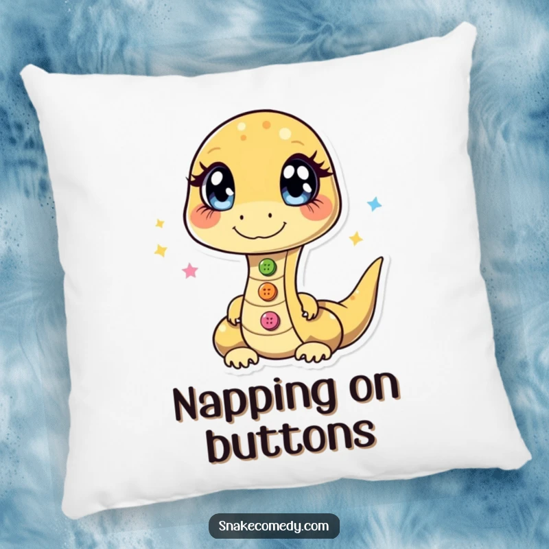 Funny pillow featuring a snake with sparkling eyes, skillfully juggling three shiny buttons for a touch of magic.