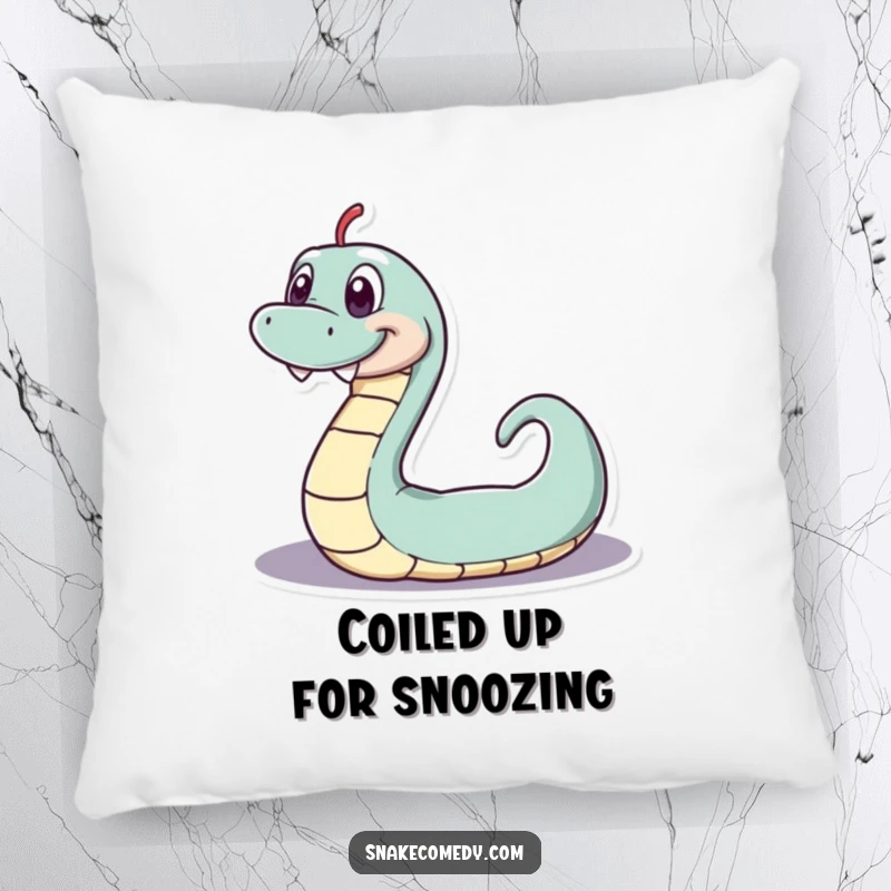 Funny serpentine pillow, playful snake with a wide toothy grin wiggling in a loop, soft and humorous, a perfect funny gift.