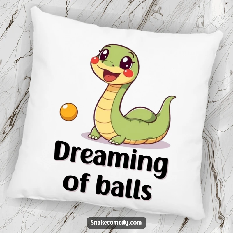 Funny Snake Ball Pillow: A wiggly, excited snake is humorously depicted chasing a bouncing ball, perfect for adding fun.