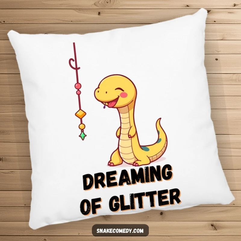 Funny Snake Pillow: A happy snake playfully batting at a sparkly, dangling charm, perfect for adding whimsical comfort.