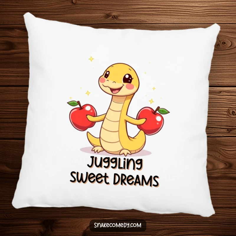 Funny snake juggling apples, gleeful wiggle, soft cartoon pillow, ideal funny gift for cozy spaces.
